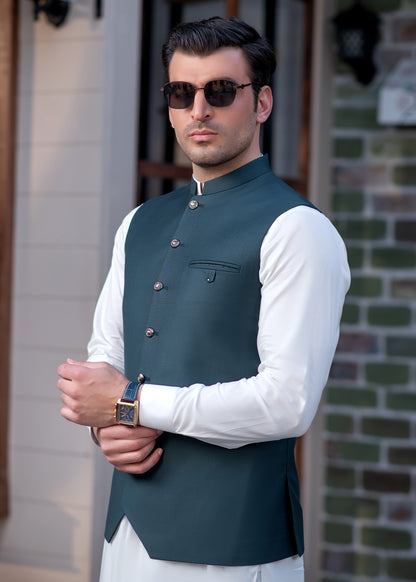 Premium Teal Green Suiting Waistcoat for Men with one welt chest pocket on the left side and two side bone (jetted) pockets - Classic Fit Mandarin style