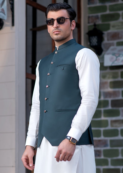Premium Teal Green Suiting Waistcoat for Men with one welt chest pocket on the left side and two side bone (jetted) pockets - Classic Fit Mandarin style