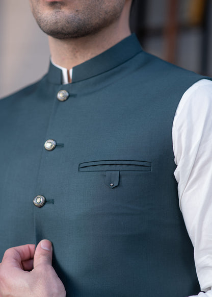 Premium Teal Green Suiting Waistcoat for Men with one welt chest pocket on the left side and two side bone (jetted) pockets - Classic Fit Mandarin style
