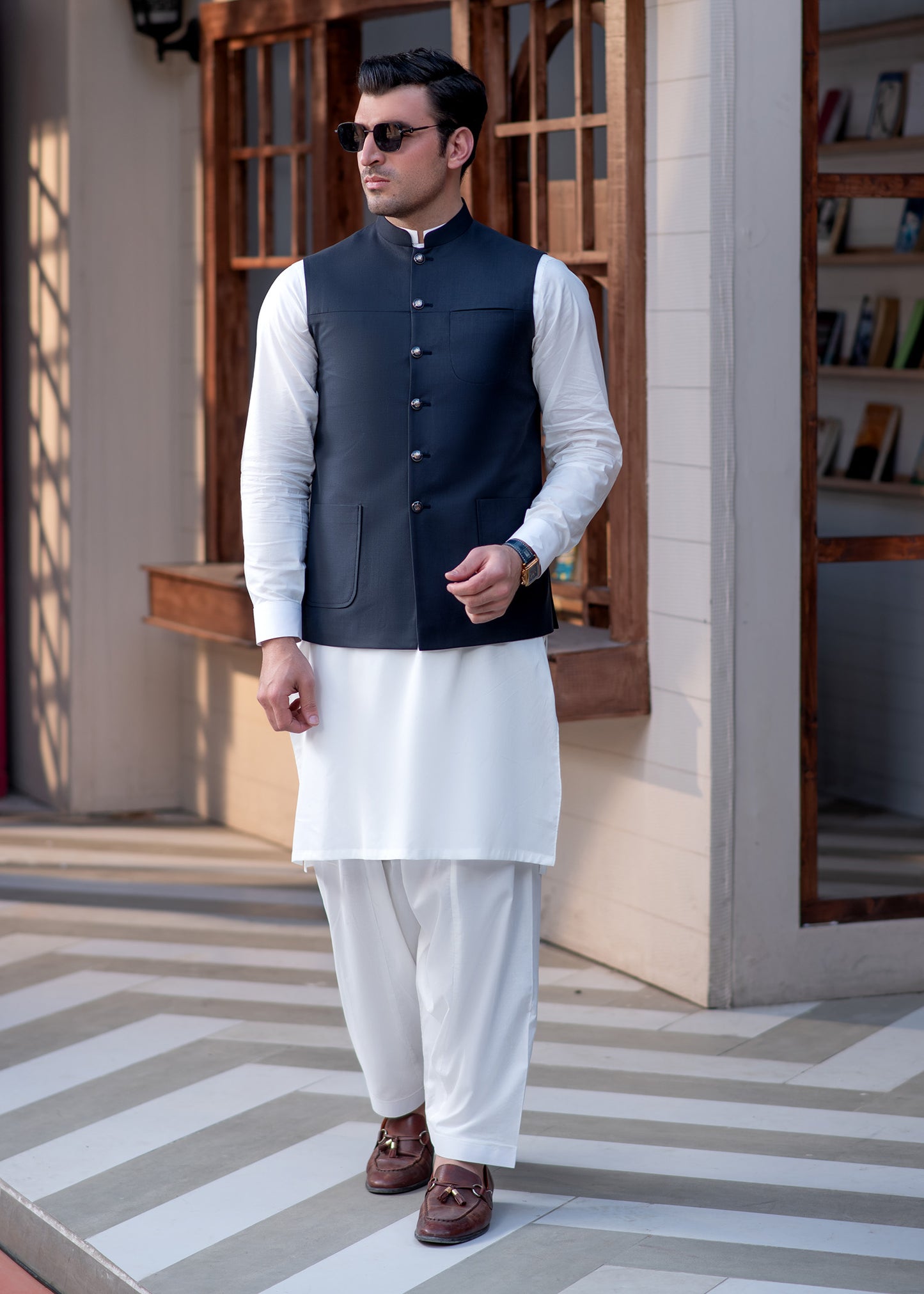 Premium Navy Blue Suiting Waistcoat for Menwith one welt chest pocket on the left side and two side bone (jetted) pockets - Classic Fit Mandarin style