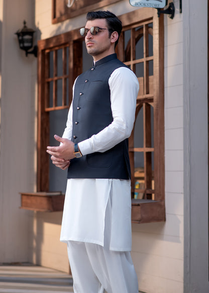 Premium Navy Blue Suiting Waistcoat for Menwith one welt chest pocket on the left side and two side bone (jetted) pockets - Classic Fit Mandarin style