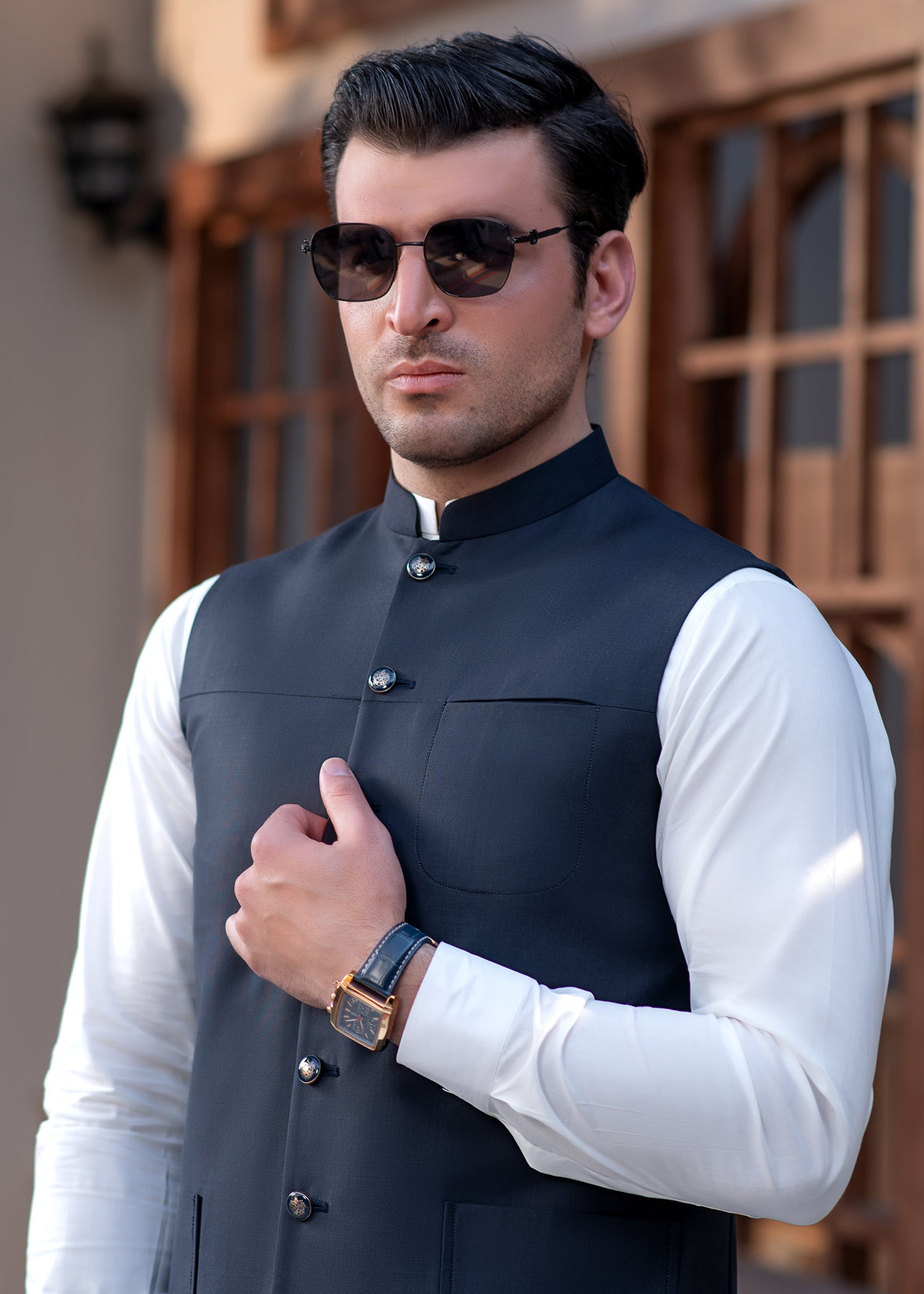 Premium Navy Blue Suiting Waistcoat for Menwith one welt chest pocket on the left side and two side bone (jetted) pockets - Classic Fit Mandarin style