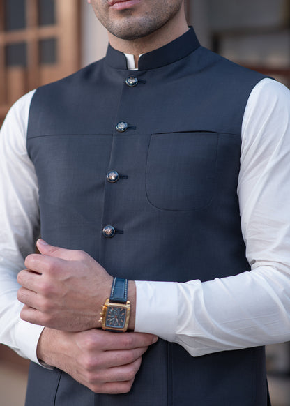 Premium Navy Blue Suiting Waistcoat for Menwith one welt chest pocket on the left side and two side bone (jetted) pockets - Classic Fit Mandarin style