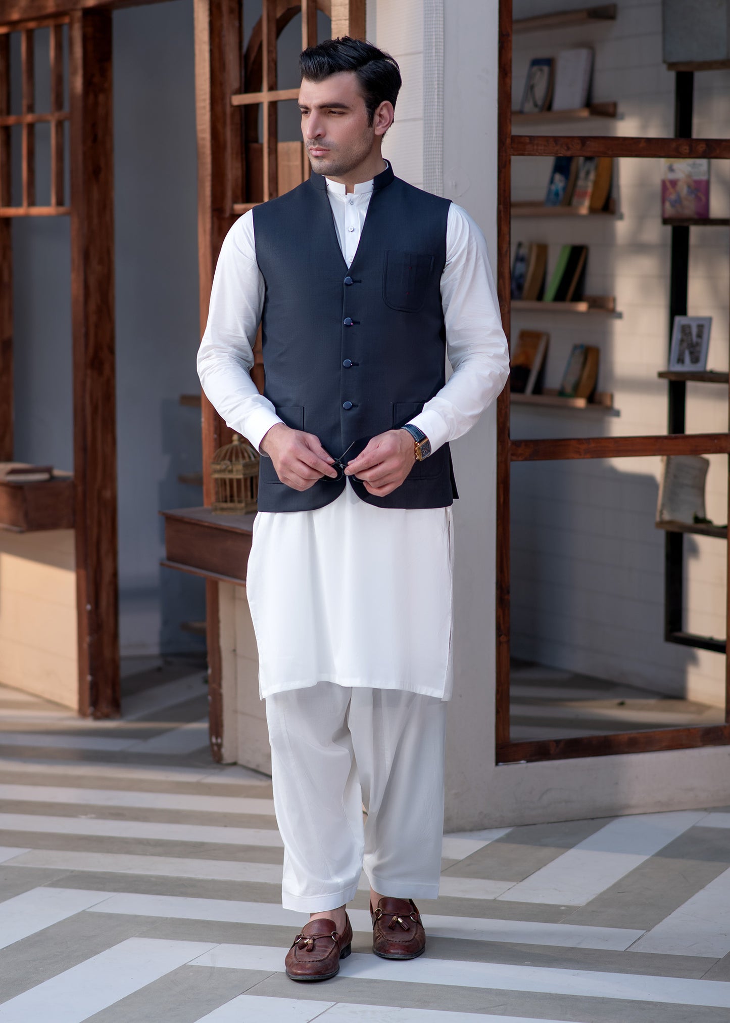 Premium Navy Suiting Waistcoat V Fornt Style for Men's with bone welt chest pocket and two side bone pockets - Classic Fit Mandarin style