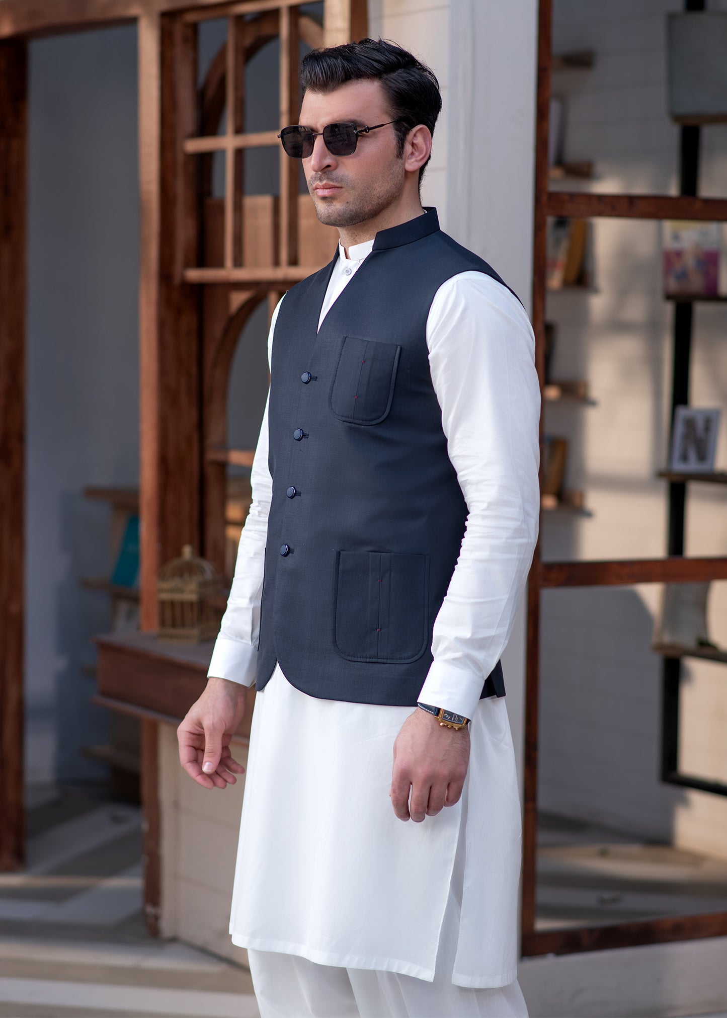 Premium Navy Suiting Waistcoat V Fornt Style for Men's with bone welt chest pocket and two side bone pockets - Classic Fit Mandarin style