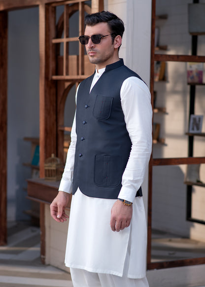 Premium Navy Suiting Waistcoat V Fornt Style for Men's with bone welt chest pocket and two side bone pockets - Classic Fit Mandarin style