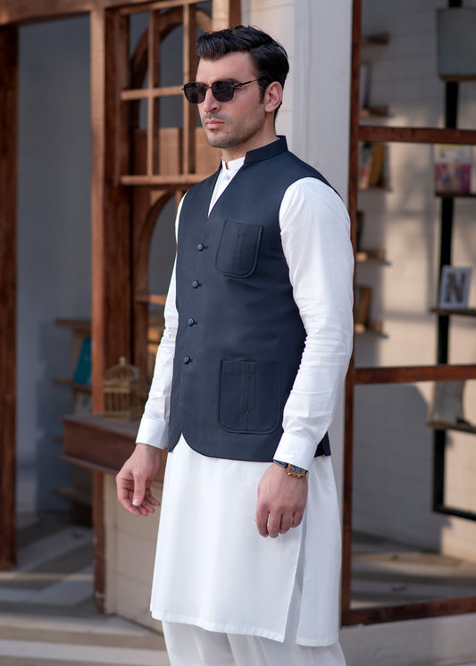 Premium Navy Suiting Waistcoat V Fornt Style for Men's with bone welt chest pocket and two side bone pockets - Classic Fit Mandarin style