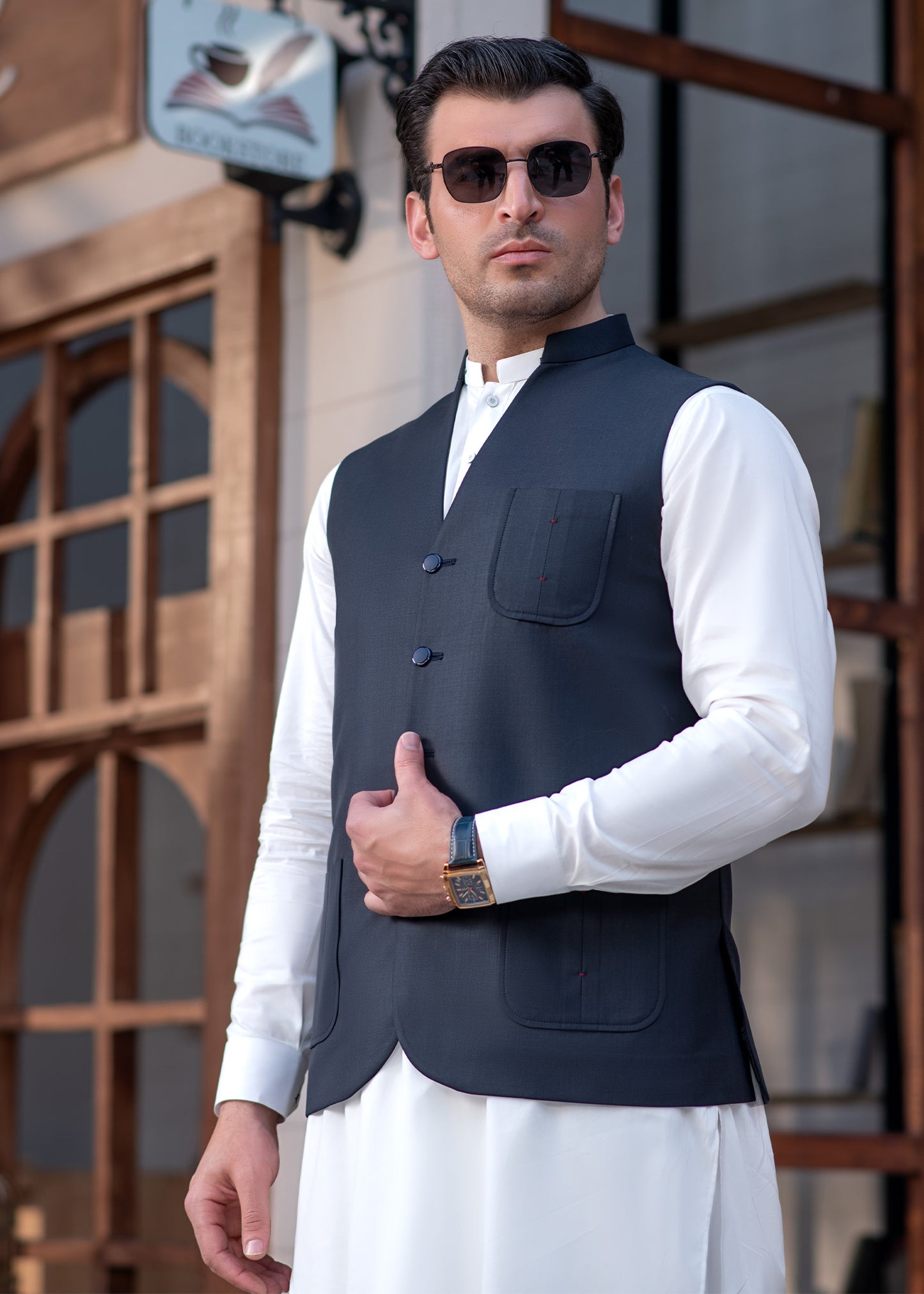 Premium Navy Suiting Waistcoat V Fornt Style for Men's with bone welt chest pocket and two side bone pockets - Classic Fit Mandarin style