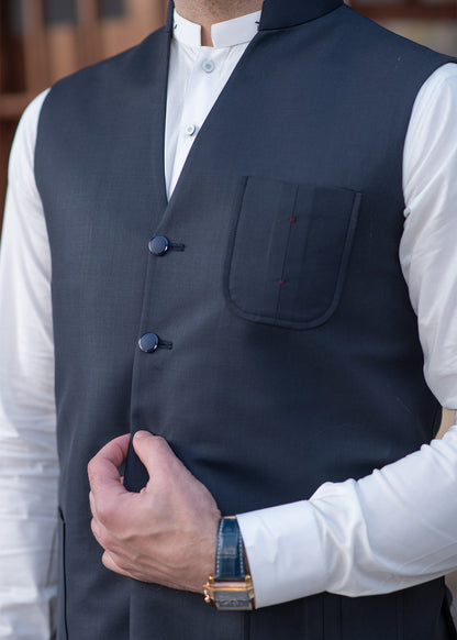Premium Navy Suiting Waistcoat V Fornt Style for Men's with bone welt chest pocket and two side bone pockets - Classic Fit Mandarin style