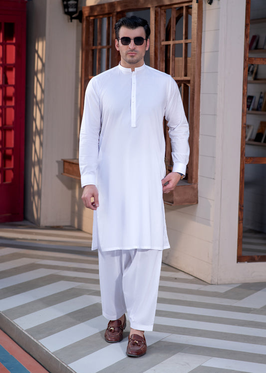 White Men's Kameez Shalwar With Mandarin Style