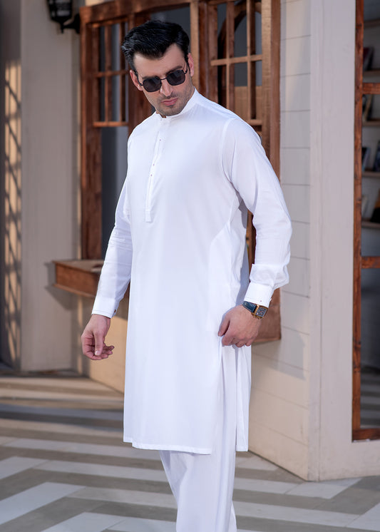 White Men's Kameez Shalwar With Mandarin Style