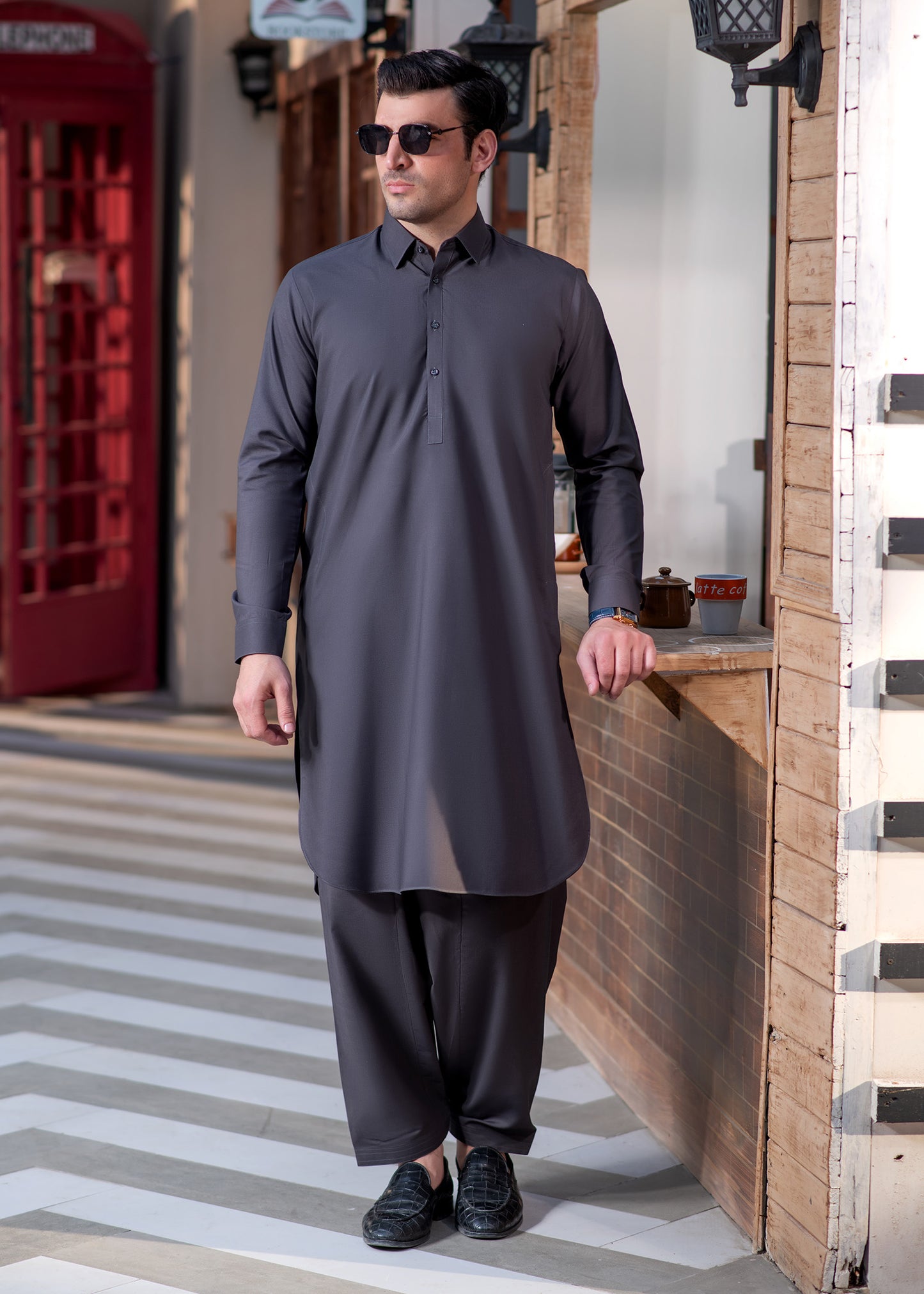 Grey Collar Plain - Kameez Shalwar - Men