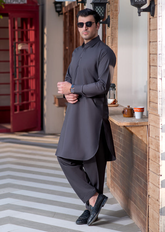 Grey Collar Plain - Kameez Shalwar - Men