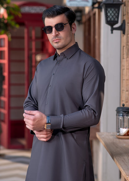 Grey Collar Plain - Kameez Shalwar - Men