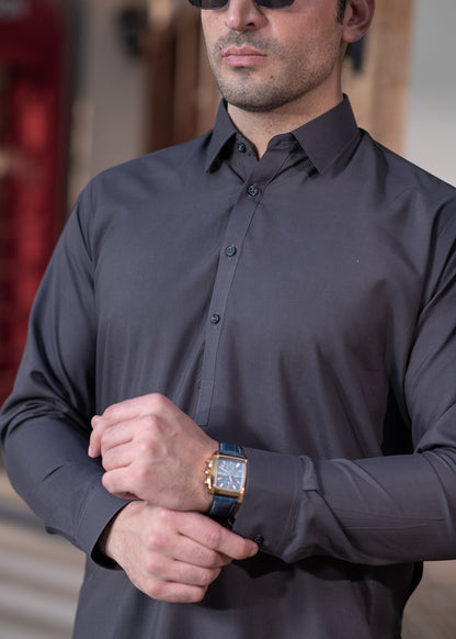 Grey Collar Plain - Kameez Shalwar - Men