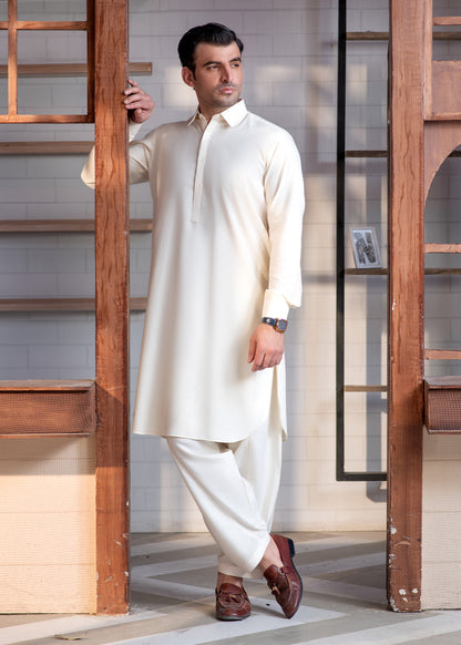 Cream Booski  Collar Plain - Kameez Shalwar - Men