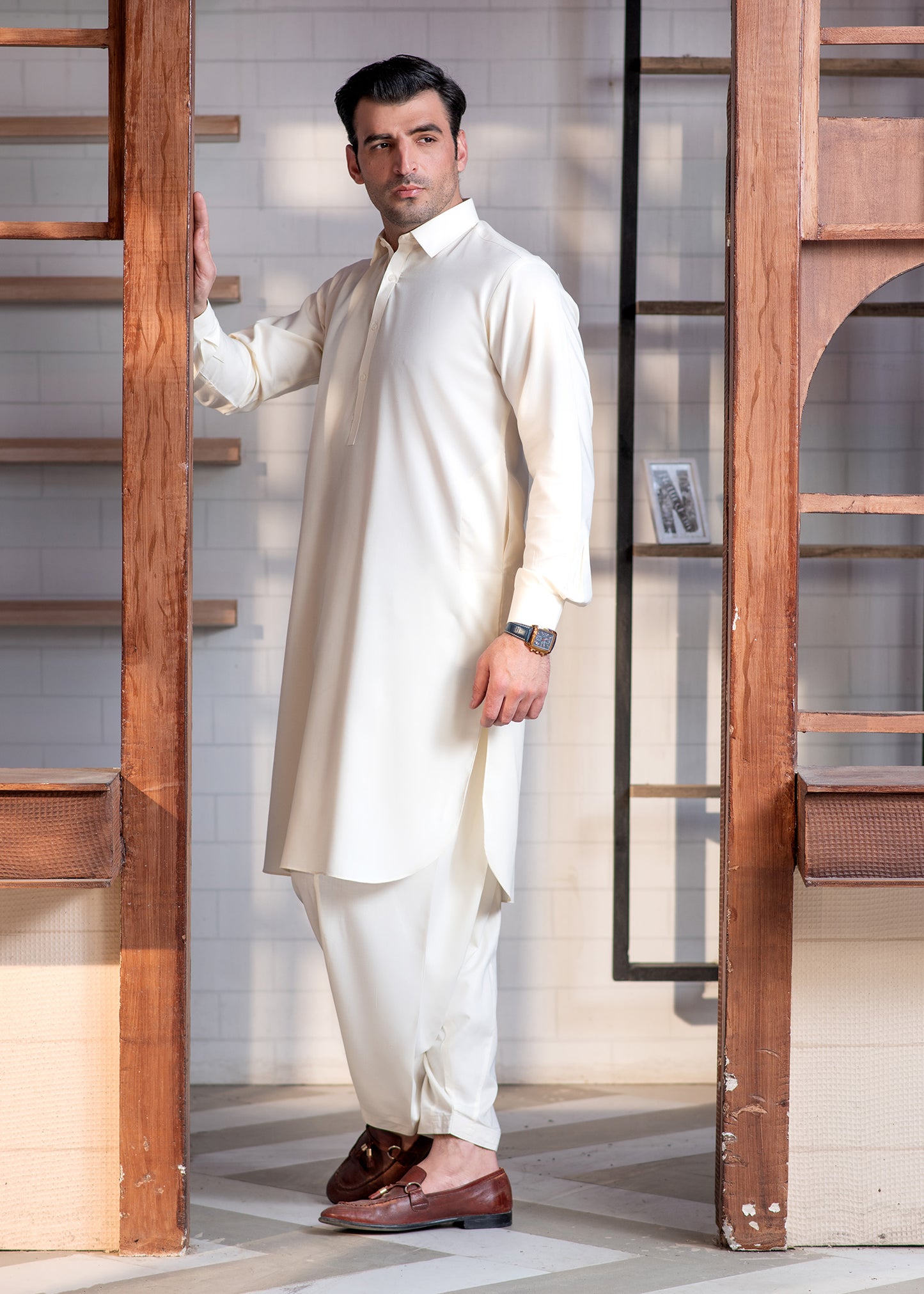 Cream Booski  Collar Plain - Kameez Shalwar - Men