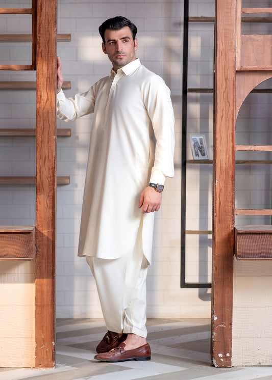 Cream Booski  Collar Plain - Kameez Shalwar - Men