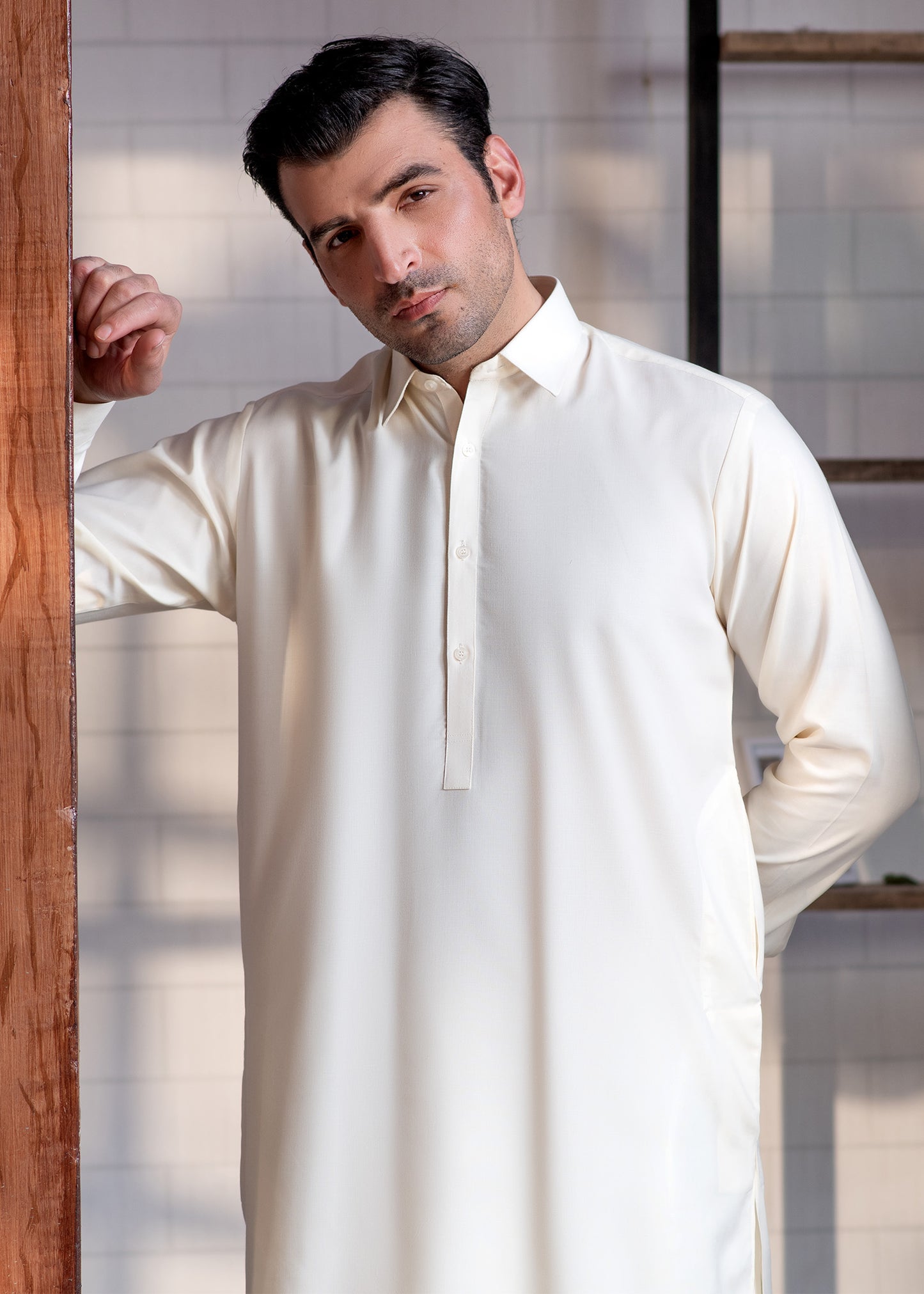Cream Booski  Collar Plain - Kameez Shalwar - Men