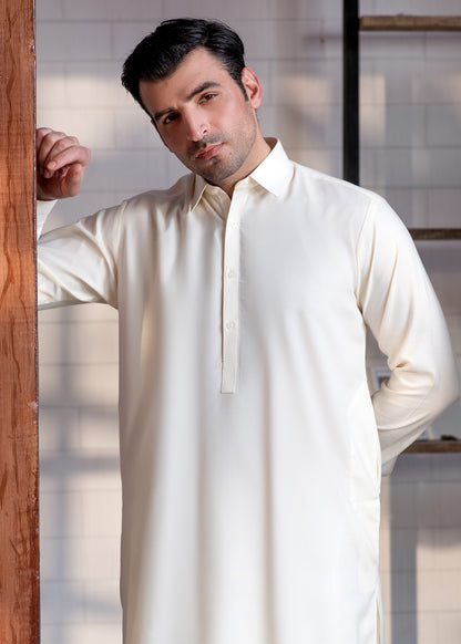 Cream Booski  Collar Plain - Kameez Shalwar - Men