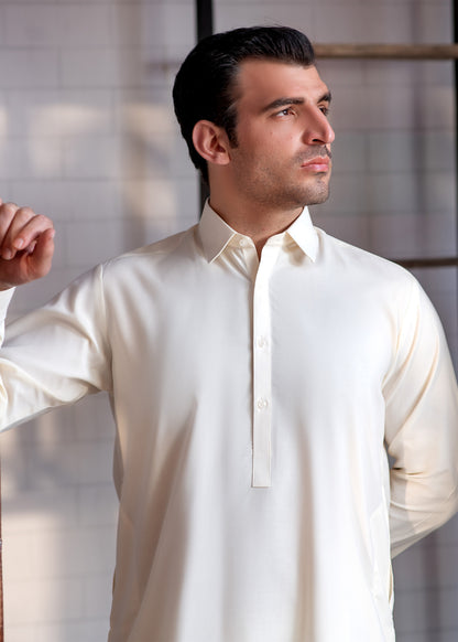 Cream Booski  Collar Plain - Kameez Shalwar - Men