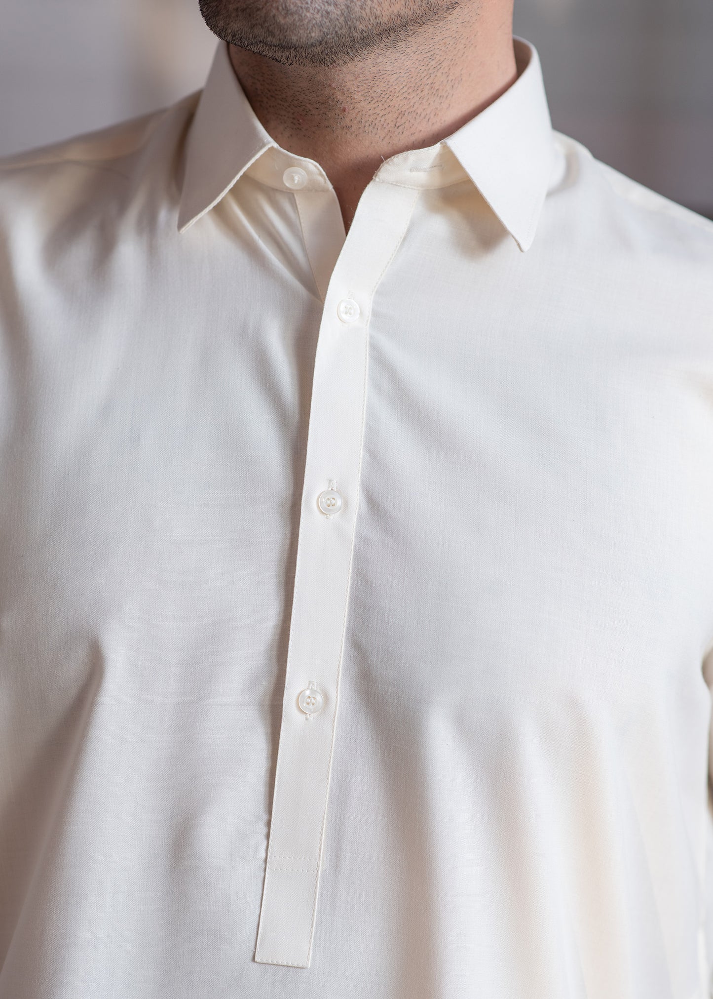 Cream Booski  Collar Plain - Kameez Shalwar - Men