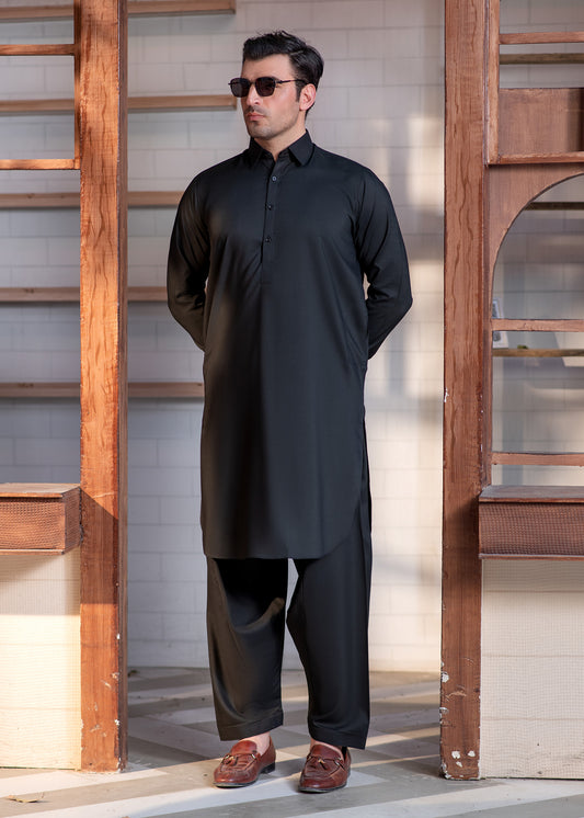 Black Collar Plain - Kameez Shalwar - Men