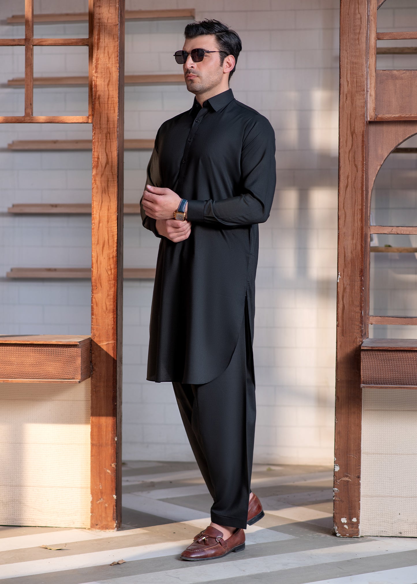 Black Collar Plain - Kameez Shalwar - Men