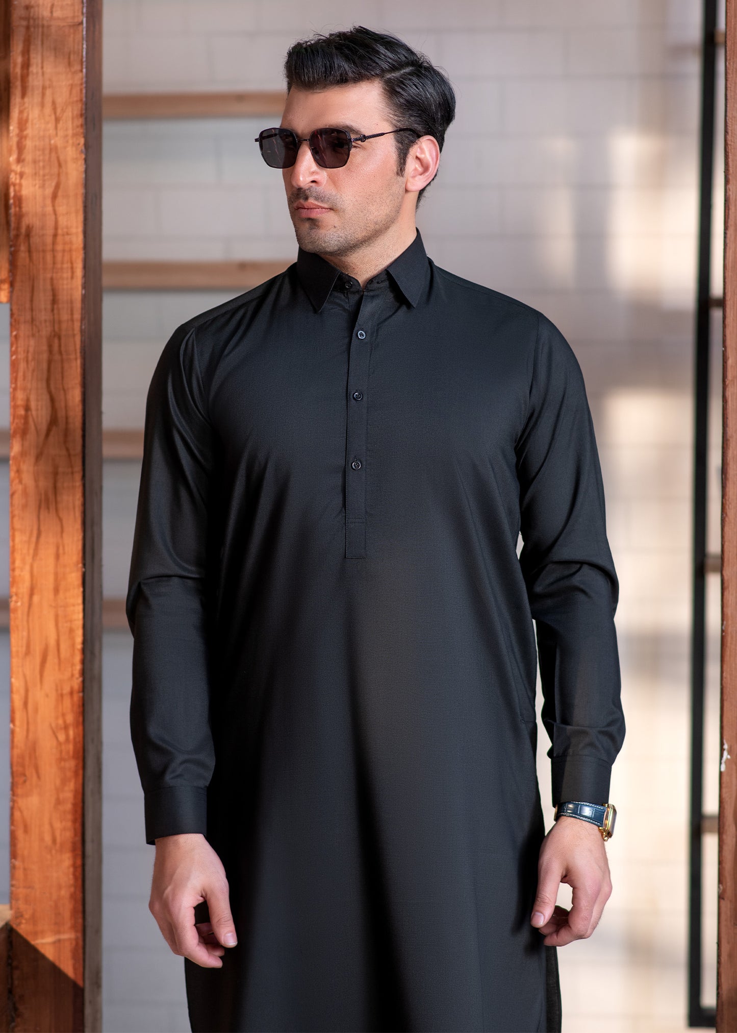 Black Collar Plain - Kameez Shalwar - Men