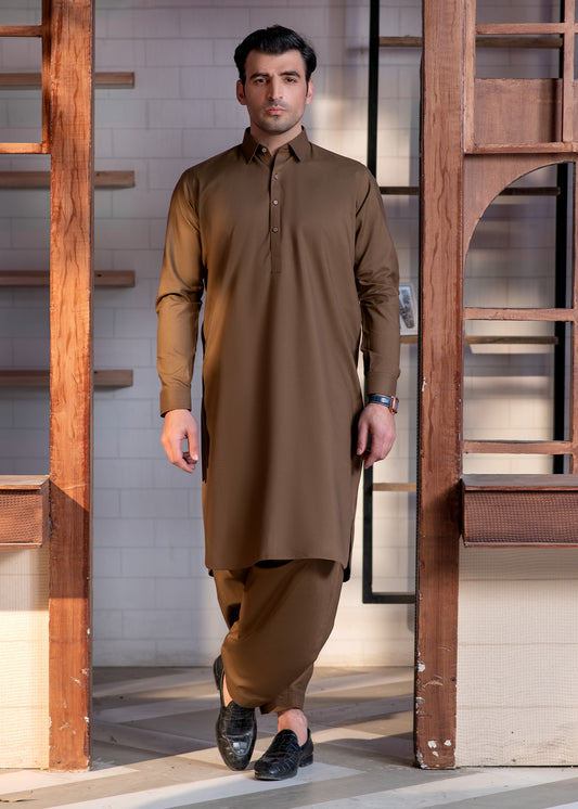 Camel Brown Collar Plain - Kameez Shalwar - Men