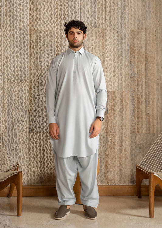 Ice Blue French Collar Kameez Shalwar - Men