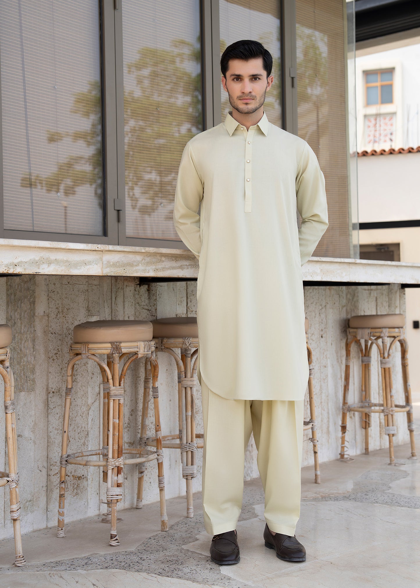 Ivory French Collar Kameez Shalwar - Men