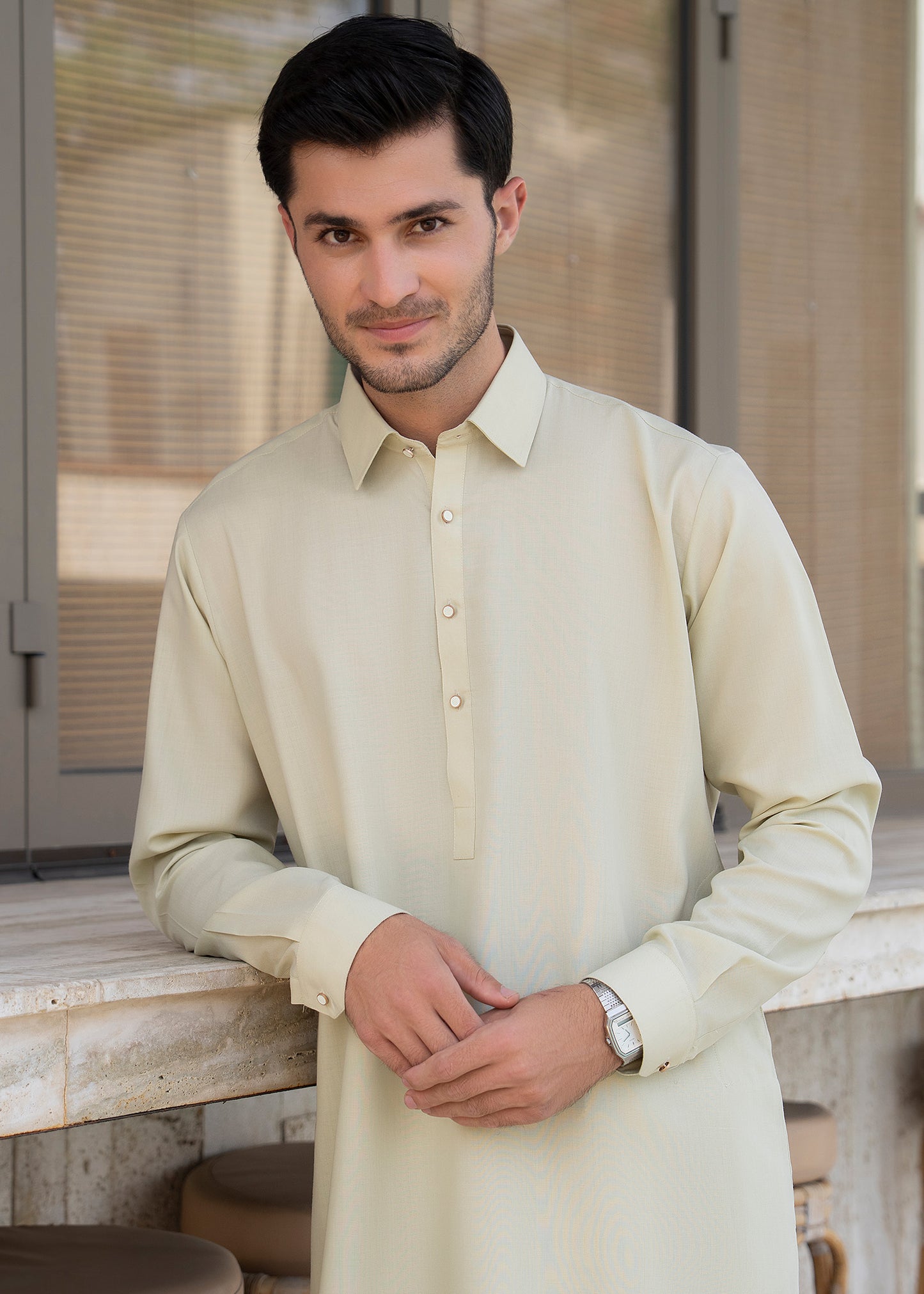Ivory French Collar Kameez Shalwar - Men