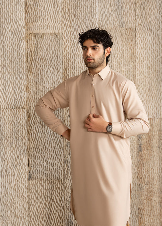Light Almond French Collar Kameez Shalwar - Men