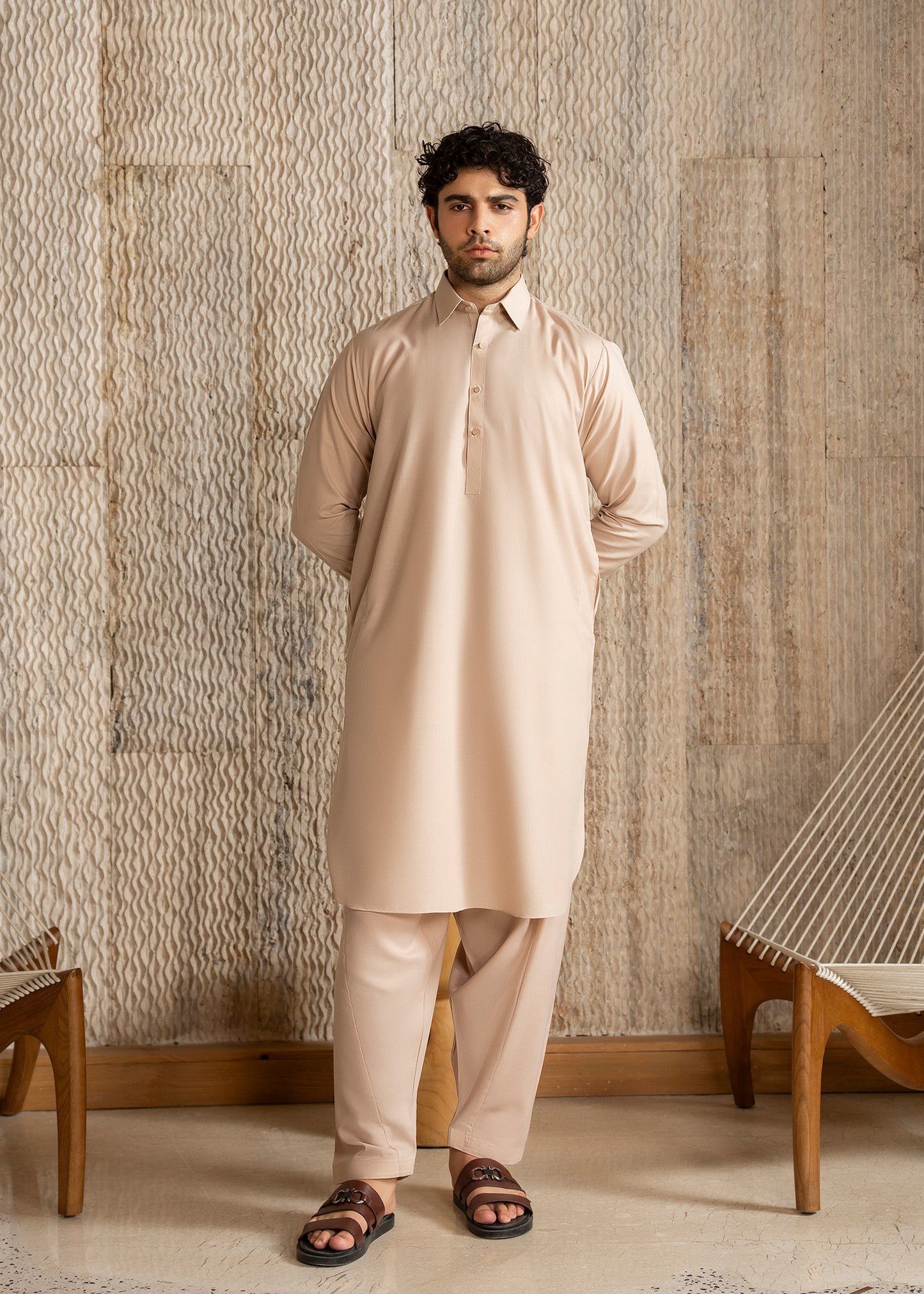 Light Almond French Collar Kameez Shalwar - Men