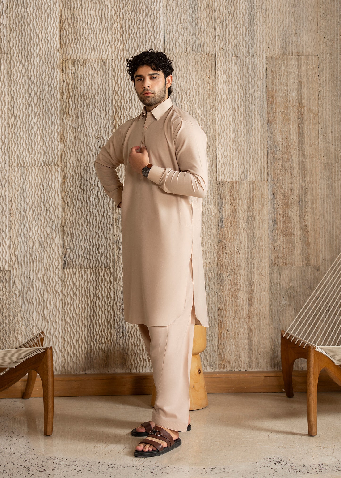 Light Almond French Collar Kameez Shalwar - Men