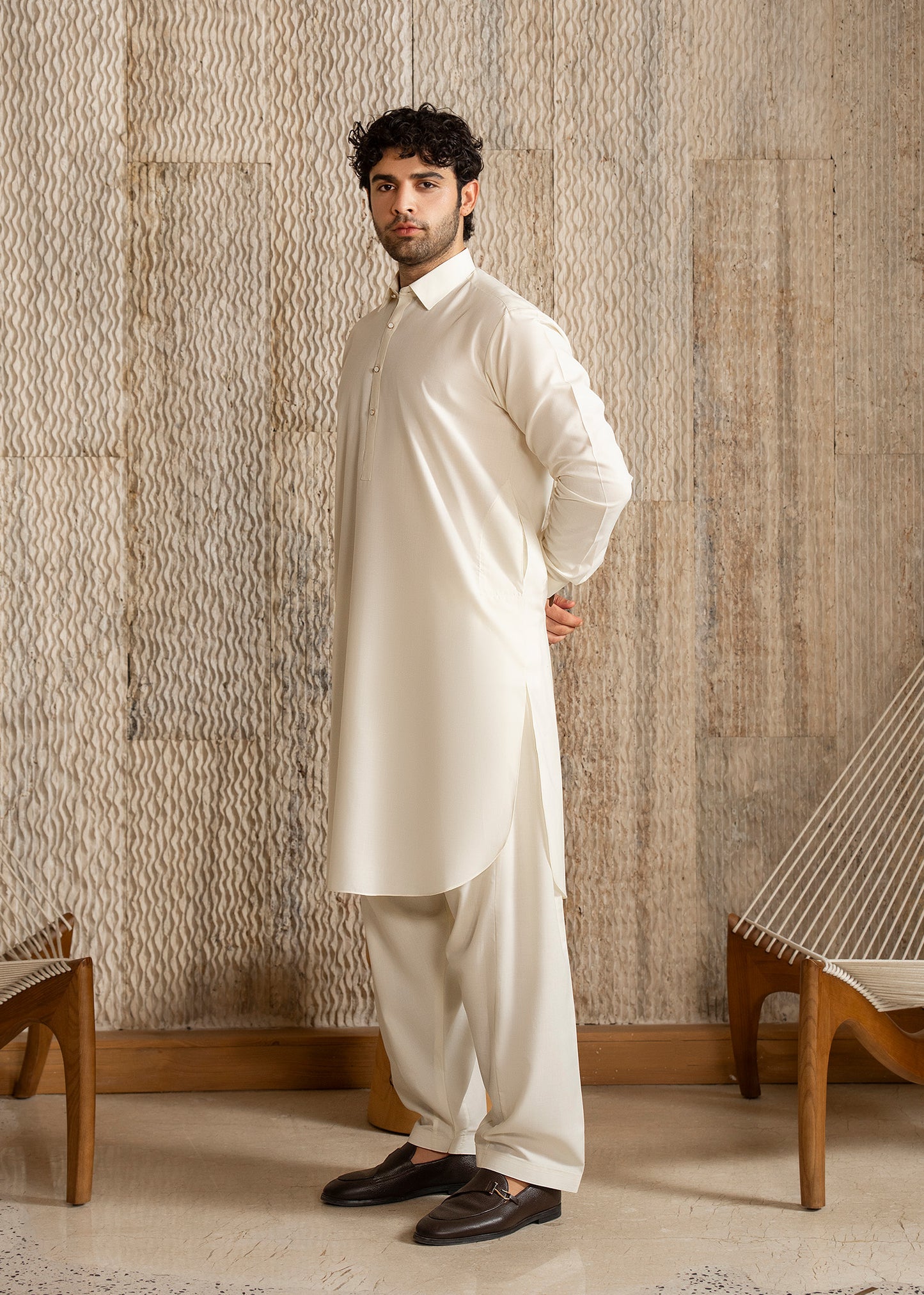 Off White French Collar Kameez Shalwar - Men