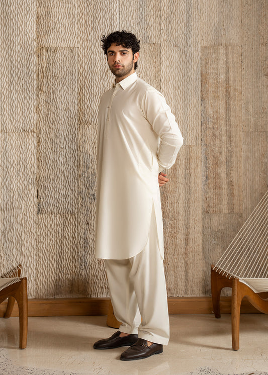 Off White French Collar Kameez Shalwar - Men