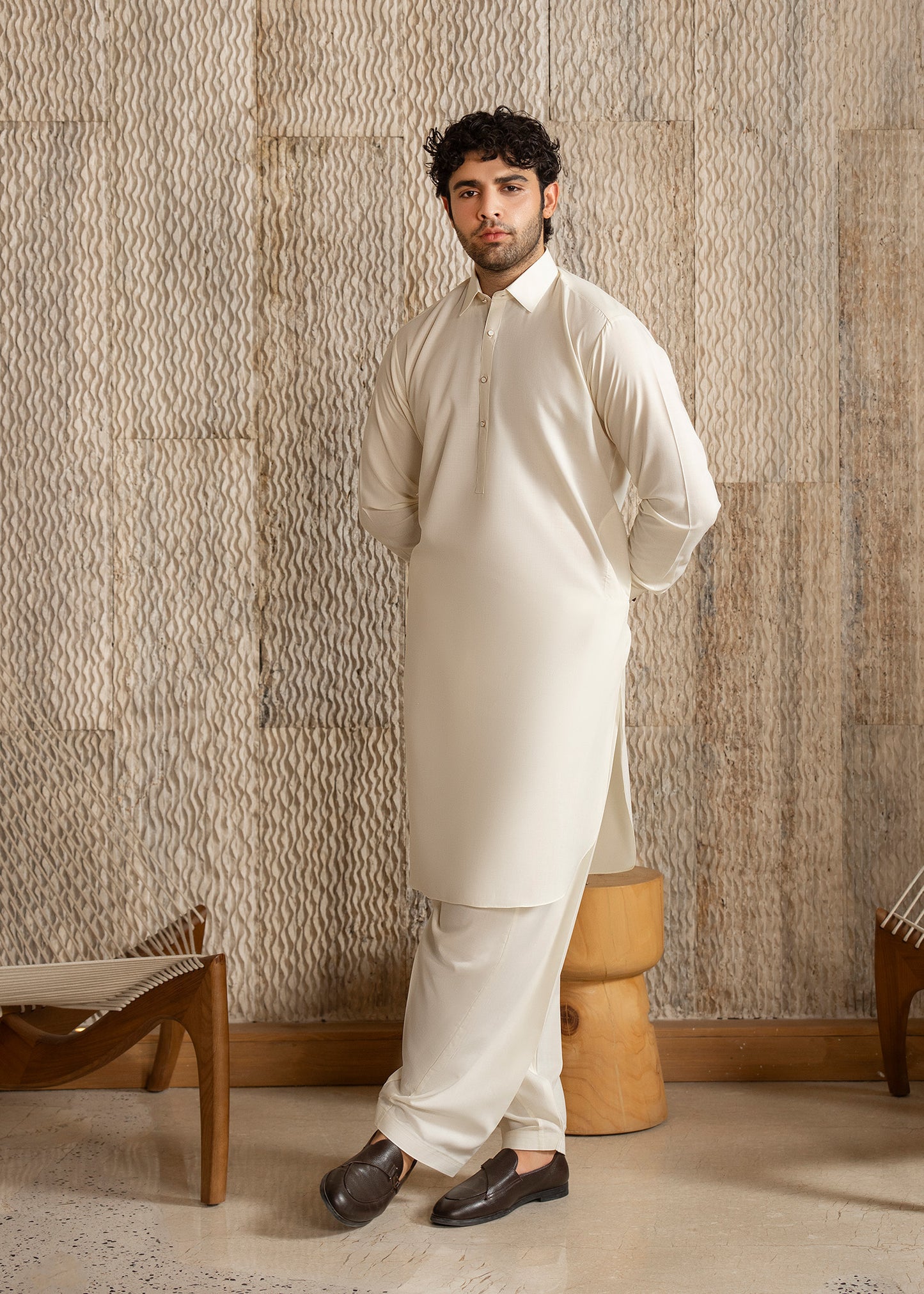 Off White French Collar Kameez Shalwar - Men