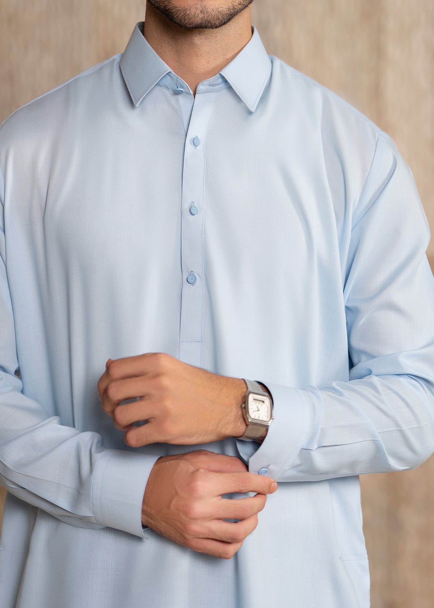 Sky Blue French Collar Kameez Shalwar - Men