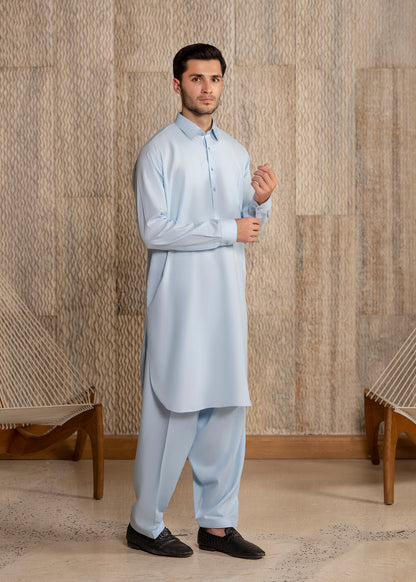 Sky Blue French Collar Kameez Shalwar - Men