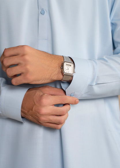 Sky Blue French Collar Kameez Shalwar - Men