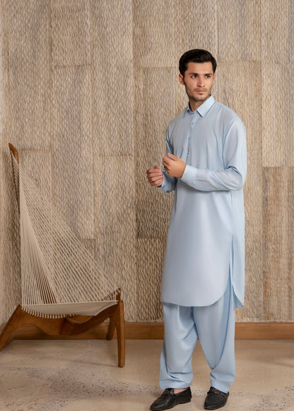 Sky Blue French Collar Kameez Shalwar - Men