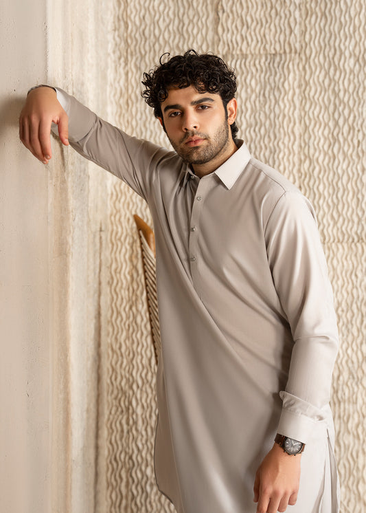 Steal Grey French Collar Kameez Shalwar - Men