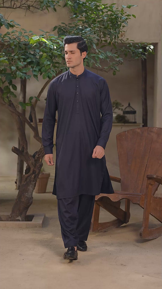 Men's Premium Ban-Embroidered Kameez Shalwar - Navy Blue / Classic Fit.