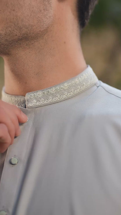 Men's Premium Ban-Embroidered Kameez Shalwar - Pale Dusty Green / Classic Fit.
