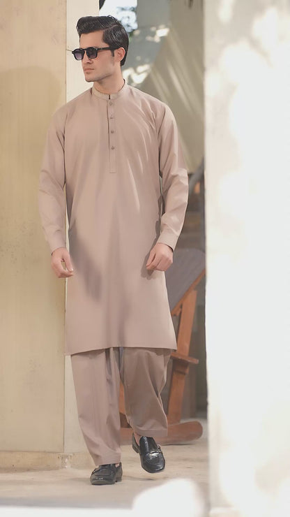 Men's Premium Ban-Embroidered Kameez Shalwar - Light Brown / Classic Fit.