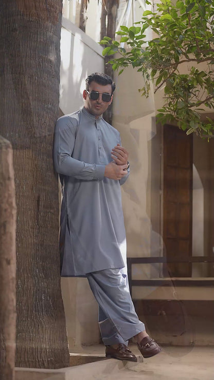 Men's Premium Ban-Embroidered Kameez Shalwar - Sky Blue / Classic Fit.