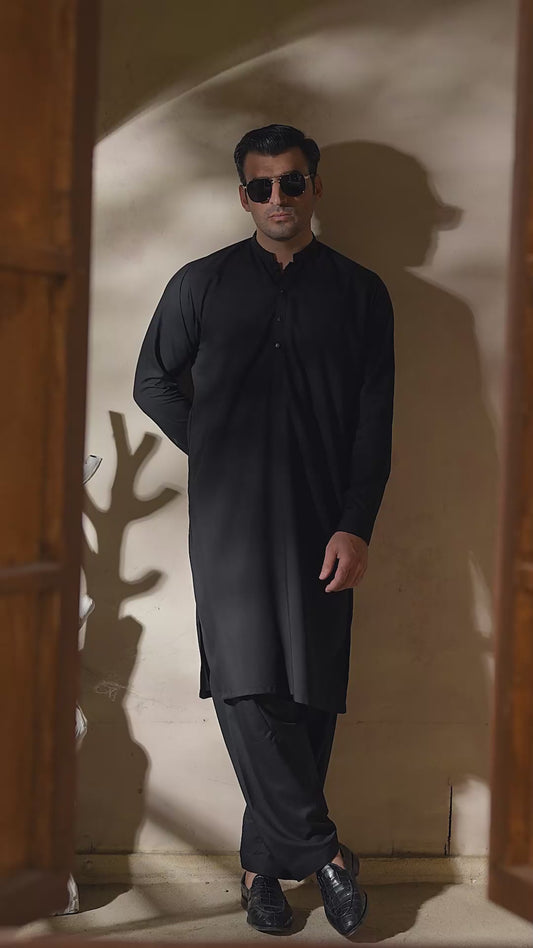 Men's Premium Ban-Embroidered Kameez Shalwar - Jet Black / Classic Fit.