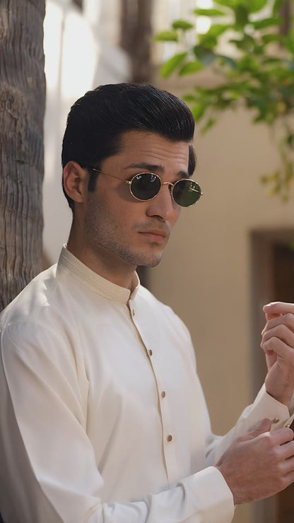 Men's Premium Ban-Embroidered Kameez Shalwar - Booski White / Classic Fit.